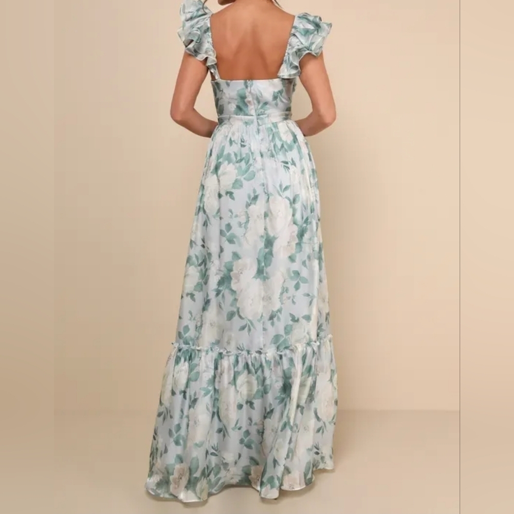 Lulus Soiree Perfection Light Blue & Green Floral Ruffled Tiered Maxi Dress, L - Picture 3 of 12